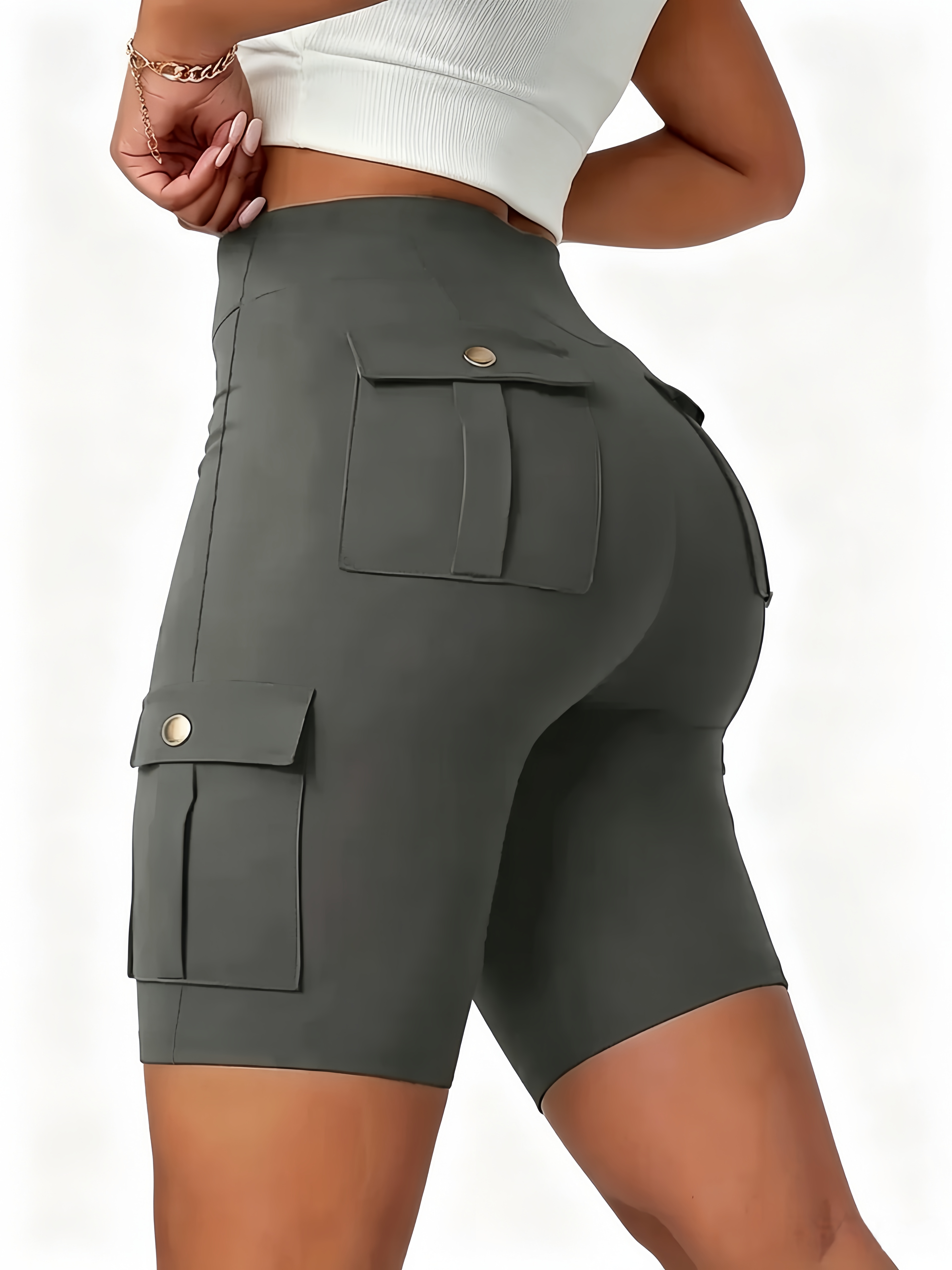 Women's High Waist Pocket Shorts, Slim-Fit Elastic Running Pants, Casual Spring & Fall Outdoor Sports Wear, Comfortable Fit