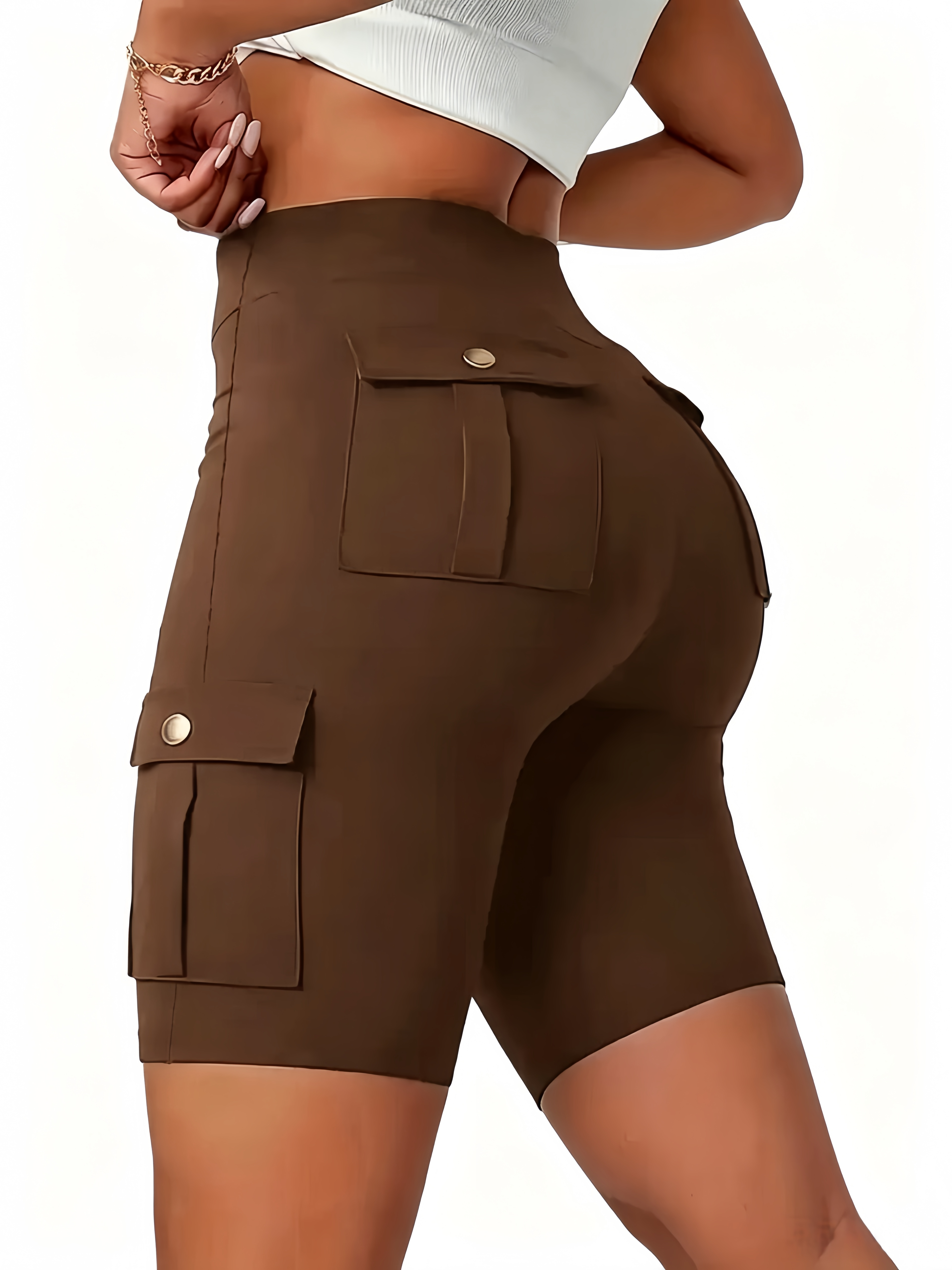 Women's High Waist Pocket Shorts, Slim-Fit Elastic Running Pants, Casual Spring & Fall Outdoor Sports Wear, Comfortable Fit